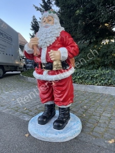 Grosser Weihnachtsmann mit Glocke und Sack auf Standfuss, 125cm hoch
