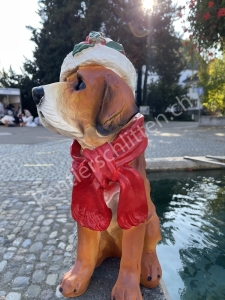 Hund mit weihnachtsmütze und rotem Schal zur Weihnachtsdeko ausssen