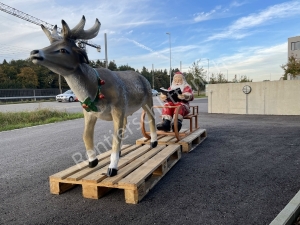 Lebensgrosses Rentier mit Schlitten und Weihnachtsmann als Weihnachtsdeko XXL