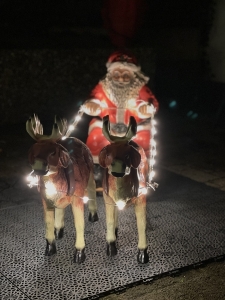 Rentier mit Schlitten beleuchtet: Weihnachtsmann mit Rentierschlitten