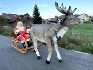 Schöner Rentierschlitten: Rentier mit Schlitten XXL lebensgross mit Weihnachtsmann auf grossem Weihnachtsschlitten, 270 cm Gesamtlänge