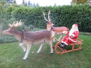 Lebensgrosses Rentier mit Schlitten und Weihnachtsmann als Weihnachtsdeko